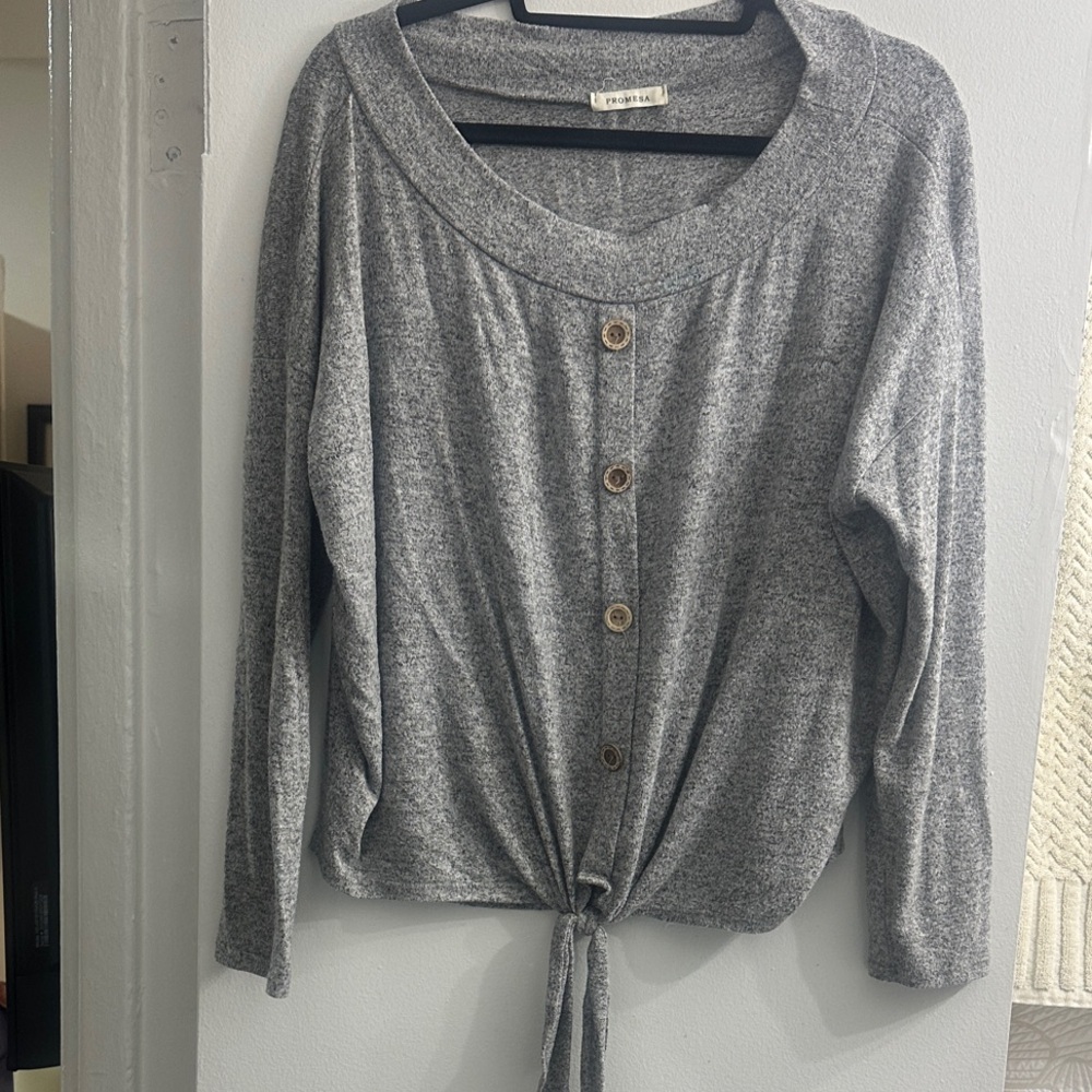 Gray Button-Down Tie Front Sweater